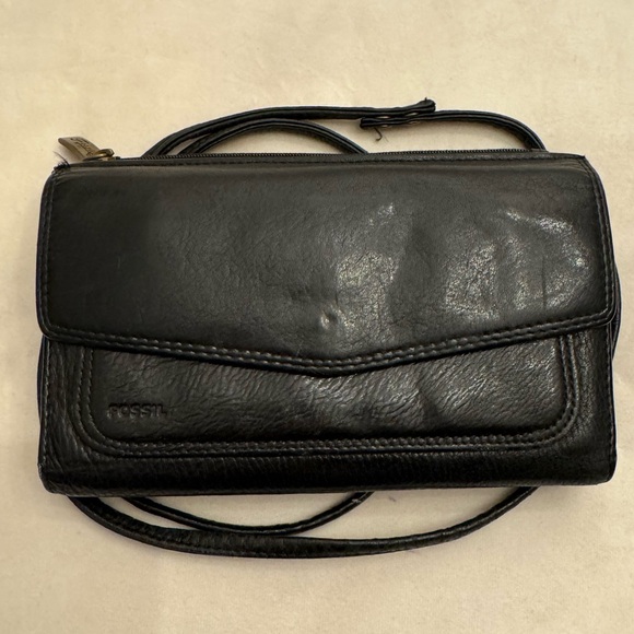VTG! Fossil Black Leather Crossbody Wallet - Picture 1 of 15